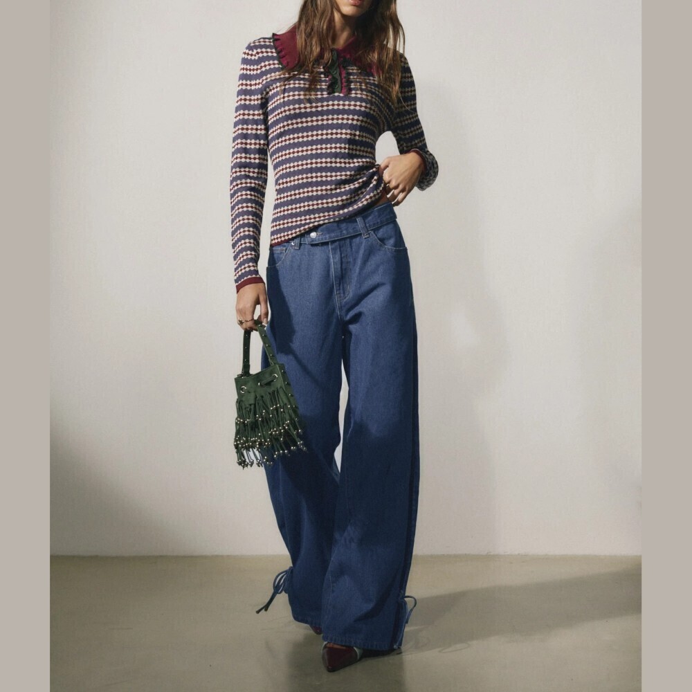 Medium Blue Denim Tie-Hem Wide Leg Extra Long Jeans